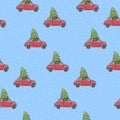 Vector seamless pattern with funny red car carring christmas tree inside, snowflakes falling down