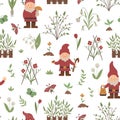 Vector seamless pattern with garden gnomes, bushes, flowers, herbs, plants. Repeat background with gardening things. Flat spring Royalty Free Stock Photo