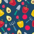 Vector seamless pattern with gardening tools, fruits and vegetables on blue background. Wallpaper, textile design