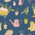 Vector seamless pattern with gardening tools. Hand drawn cute flat icon with texture or garden equipment and flowers on blue Royalty Free Stock Photo