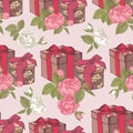 Vector seamless pattern with gift boxes and bouquets of roses Royalty Free Stock Photo