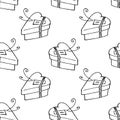 Vector seamless pattern with gift boxes in shape of heart. Hand drawn holiday background and texture in doodle. For wrapping paper Royalty Free Stock Photo