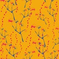 Vector seamless pattern ginko wax with blue ginkgo leaves and branches, red dots