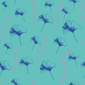 Vector seamless pattern ginko wax with blue ginkgo leaves, pink dots