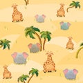 Vector seamless pattern with giraffe, elephants and palm trees. Cute fat cartoon character. The concept of fun design for clothing