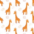 Vector seamless pattern with giraffe on white background. Decor for childrens posters, postcards, clothing and interior