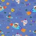 Seamless Pattern with Girl Astronaut, Stars, Planets and Aliens Royalty Free Stock Photo