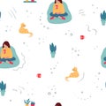 Vector seamless pattern with a girl with a brown hair in a bright clothing sitting on a blue beanbag chair, drinking a