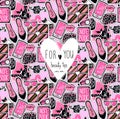 Vector seamless pattern with girls elements: shoes, hearts. glas