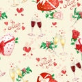 Vector seamless pattern. Glass goblets with wine, hearts, gift boxes of chocolates, red roses and lettering