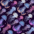 Vector seamless pattern with glowing jellyfish