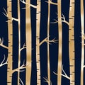 Vector seamless pattern with gold forest. Night landscape with birches and trees on blue background