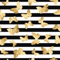 Vector seamless pattern with gold glitter butterflies on black and white stripes background Royalty Free Stock Photo