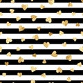 Vector seamless pattern with gold glitter hearts on black and white stripes background