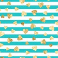 Vector seamless pattern with gold glitter hearts on mint and white stripes background