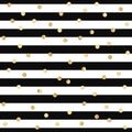 Vector seamless pattern with gold glitter polka dots on black and white stripes background