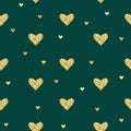 Vector seamless pattern with gold hearts on a green. Sparkling sequins. Royalty Free Stock Photo