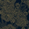 Vector seamless pattern with gold line art peonies flowers and leaves on dark background. Hand drawn peony in outline style. Repea