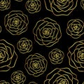 Vector seamless pattern with gold roses outline on the black background.