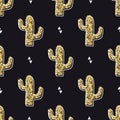 Vector seamless pattern with golden cactuses and triangles