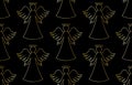 Vector seamless pattern of golden contour of angels on black background Royalty Free Stock Photo