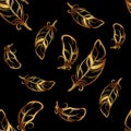 Vector seamless pattern with golden feathers on black background