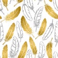 Vector seamless pattern of golden and hand-drawn outline bird feathers on a white background