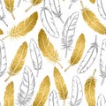 Vector seamless pattern of golden and hand-drawn outline bird feathers on a white background Royalty Free Stock Photo