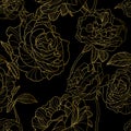 Vector seamless pattern. Golden outline rose flowers on black background. Royalty Free Stock Photo