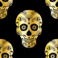 Vector seamless pattern of golden sugar skull with doodle pattern Royalty Free Stock Photo