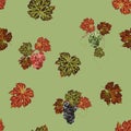 Vector seamless pattern of grape and leaves scattered random. Royalty Free Stock Photo