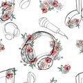 Vector seamless pattern, graphic illustration of headphones, music notes with flowers, leaves, branch Sketch drawing, doodle style Royalty Free Stock Photo