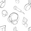 Vector seamless pattern graphic illustration of headphones, music notes, microphone Sketch drawing, doodle style. abstract black Royalty Free Stock Photo