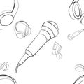 Vector seamless pattern graphic illustration of headphones, music notes, microphone Sketch drawing, doodle style. abstract black Royalty Free Stock Photo