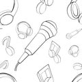Vector seamless pattern graphic illustration of headphones, music notes, microphone Sketch drawing, doodle style. abstract black Royalty Free Stock Photo