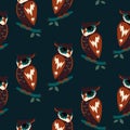 Vector seamless pattern with graphic owls. Cartoon stylish bird forest character. Dark blue background.