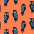 Vector seamless pattern with graphic owls. Cartoon stylish bird forest character. Orange background.