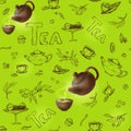 Vector seamless pattern on a green background sketch of items for the tea party. 3d teapot and cup, candy, lemon, saucer Royalty Free Stock Photo