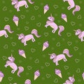 Vector seamless pattern on a green background unicorn ponies pin