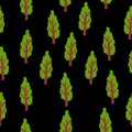 Vector seamless pattern with green deciduous trees. Brown trunk. Black background. Cartoon style. Spring and summer. Nature and Royalty Free Stock Photo
