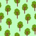 Vector seamless pattern with green deciduous trees. Brown trunk. Green background. Cartoon style. Spring and summer. Nature and Royalty Free Stock Photo