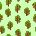 Vector seamless pattern with green deciduous trees. Brown trunk. Green background. Cartoon style. Spring and summer. Nature and Royalty Free Stock Photo