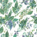 Vector seamless pattern with green exotic leaves, greenery botan Royalty Free Stock Photo