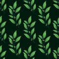 Vector seamless pattern with green foliate twigs on dark green background.