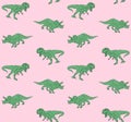 Vector seamless pattern of green hand drawn doodle sketch triceratops and tyrannosaur dinosaur on pastel pink background