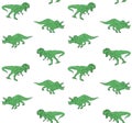 Vector seamless pattern of green hand drawn doodle sketch triceratops and tyrannosaur dinosaur on white background