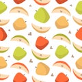 Vector seamless pattern of green, red and orange apples and apple slices on a white background. For design packaging, textile, Royalty Free Stock Photo