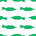 Vector seamless pattern of green sea fish Gomphosus varius swimming in different directions on a white background. green
