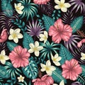 Vector seamless pattern of green tropical leaves with plumeria and hibiscus flowers on black background. Summer or spring repeat Royalty Free Stock Photo