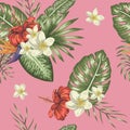 Vector seamless pattern of green tropical leaves with plumeria and hibiscus flowers on pink background Royalty Free Stock Photo